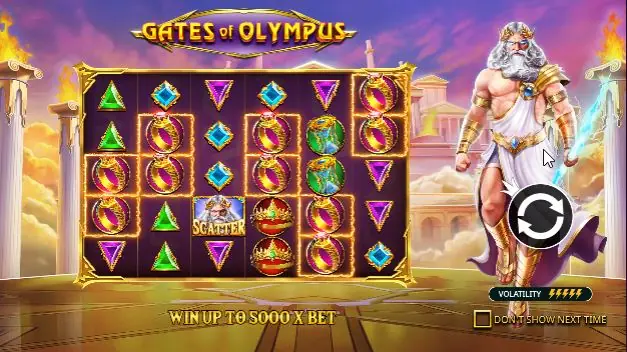 Pantalla de presentación de Gates of Olympus con Zeus y la cuadrícula de símbolos