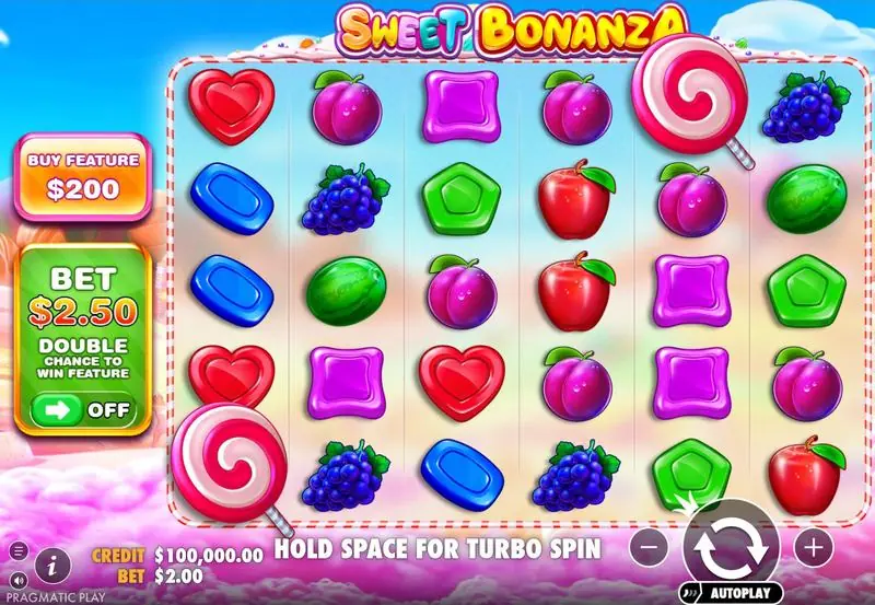 Tablero del Sweet Bonanza original de Pragmatic Play con símbolos de frutas y caramelos