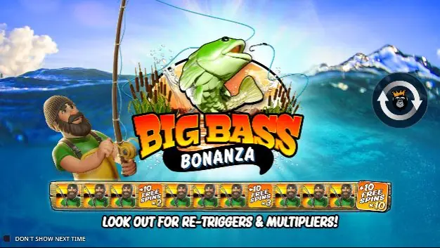 Pantalla de presentación de Big Bass Bonanza con el pescador y la progresión de tiradas gratis
