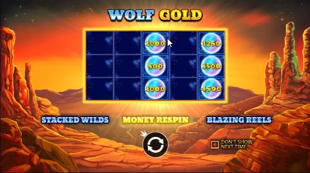 Pantalla de presentación de Wolf Gold con la función Money Respin